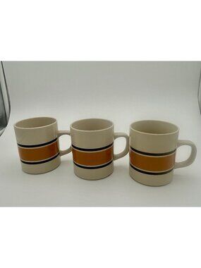 Three Vintage Marco Polo Striped Coffee Mugs-Orange/Gold and Black
